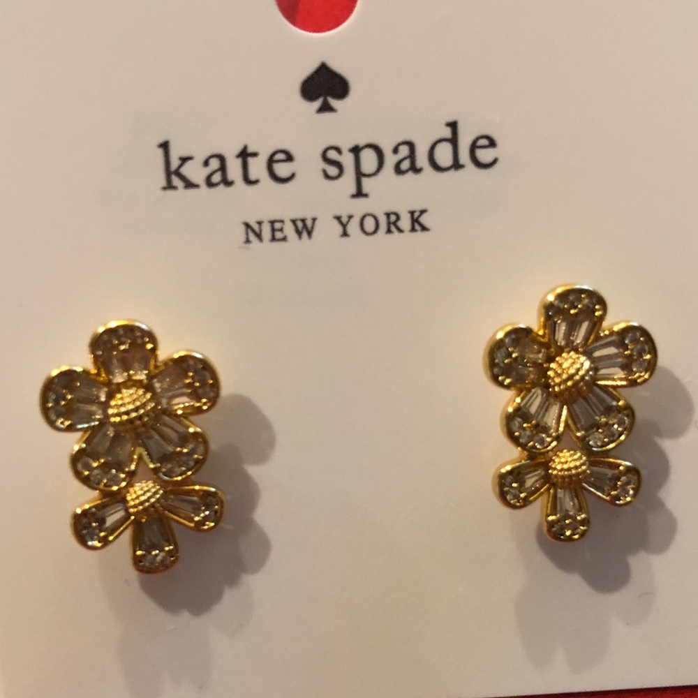 Authentic New on card. Kate spade gold tone crystal flower earrings.